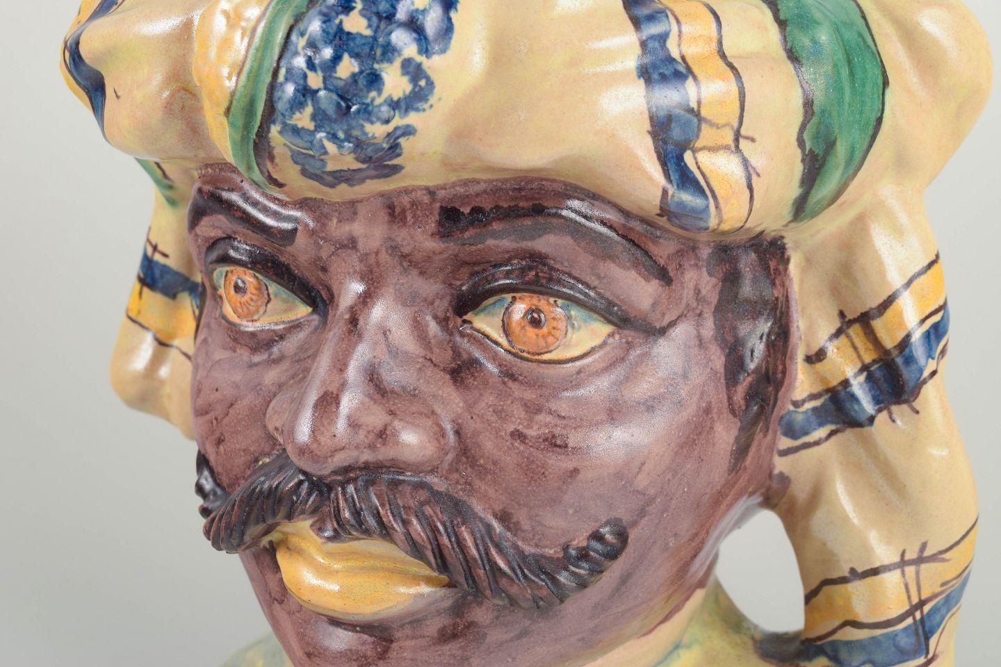 Salvatore Judici, Caltagirone. Terracotta Vase Shaped As A Male Head With Turban photo for sale