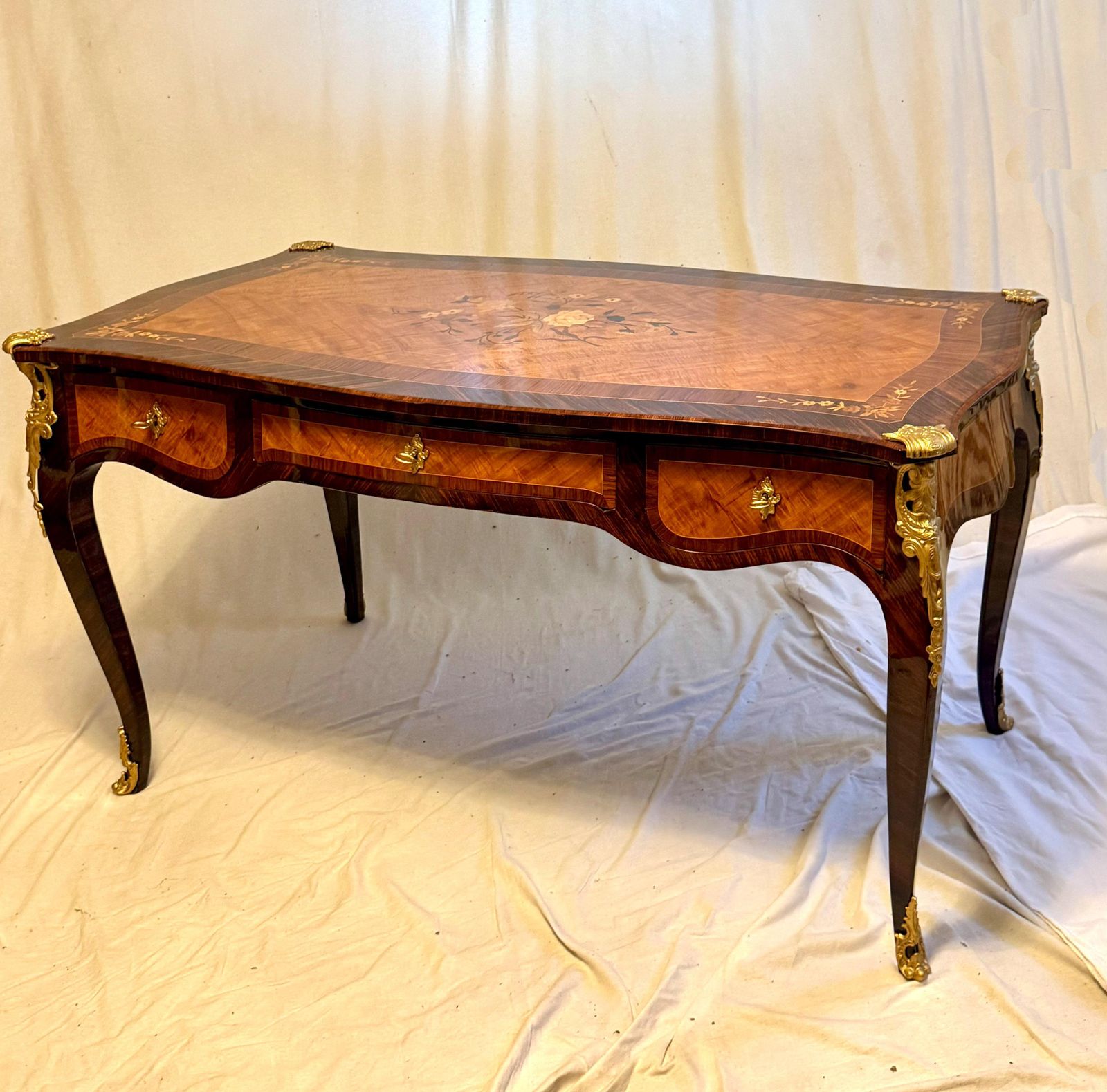 French Louis XV Style Dame Bureau Plat, Desk With Marquetry And Bronze Mounting photo buy