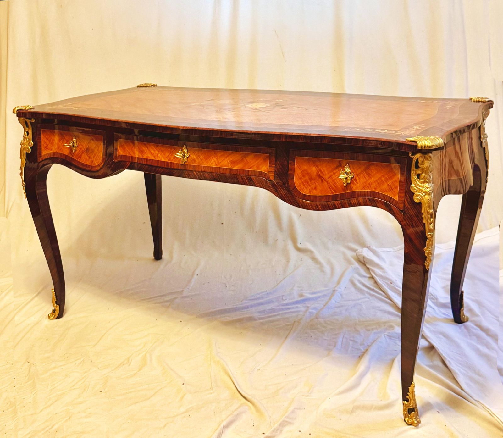 French Louis XV Style Dame Bureau Plat, Desk With Marquetry And Bronze Mounting photo vintage