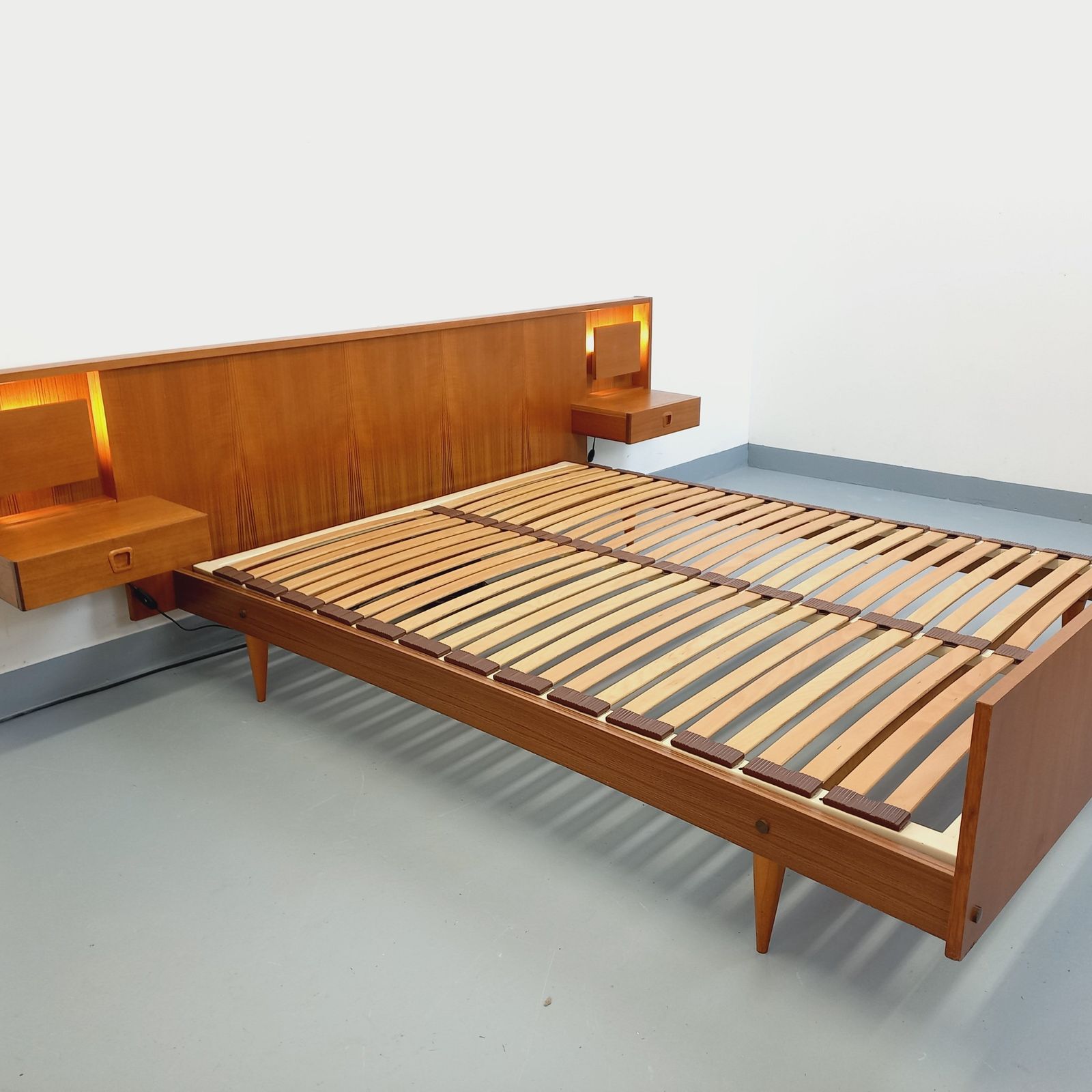 Scandinavian Double Bed With Illuminated Teak Bedside Tables photo furniture