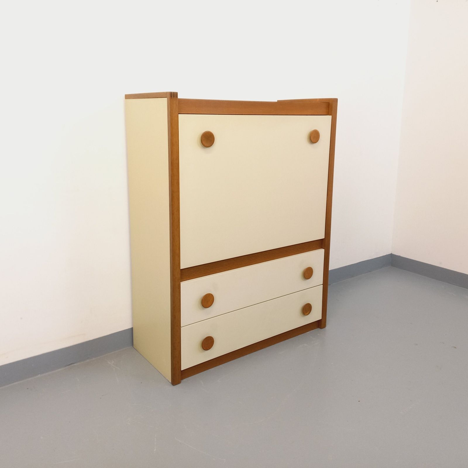 Secretaire in eiken en gebroken wit melamine