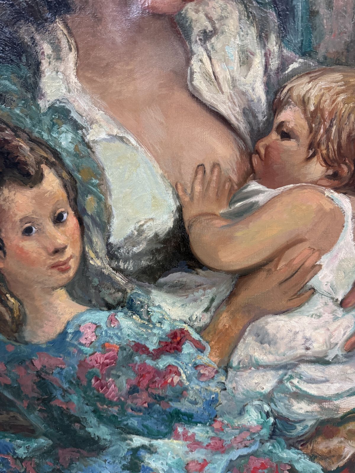Pedro Creixams, Maternité intime avec enfants, grande peinture à l'huile, École espagnole de Paris, 1948 photo vinterior