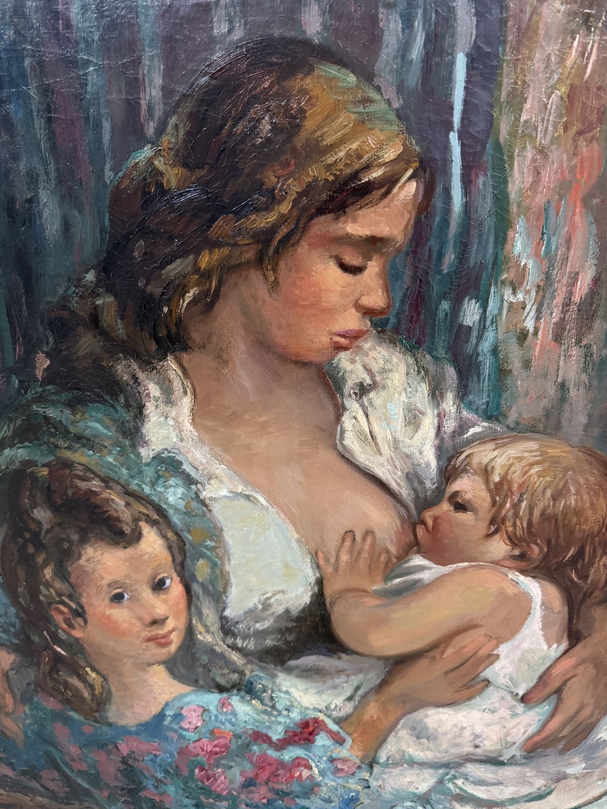 Pedro Creixams, Maternité intime avec enfants, grande peinture à l'huile, École espagnole de Paris, 1948 photo buy