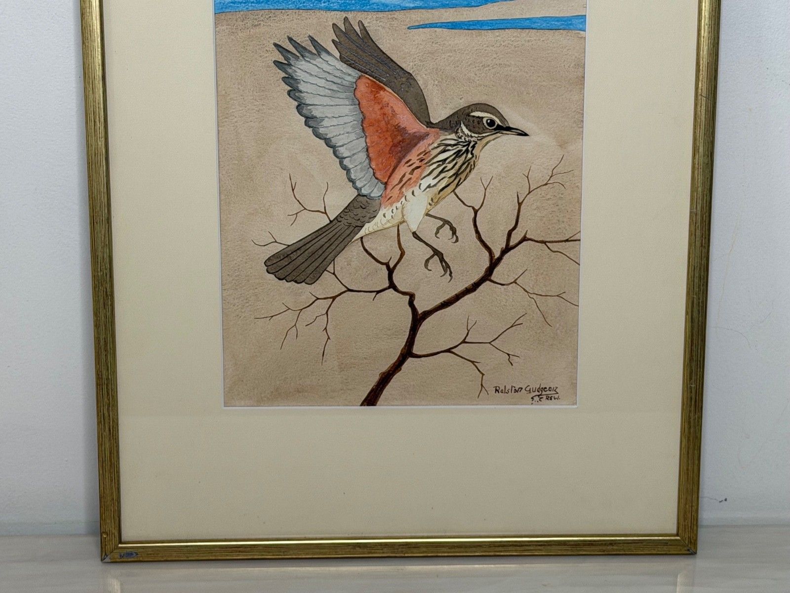 Mid-Century schilderij Redwing vogel, gesigneerd door Ralston Gudgeon photo furniture