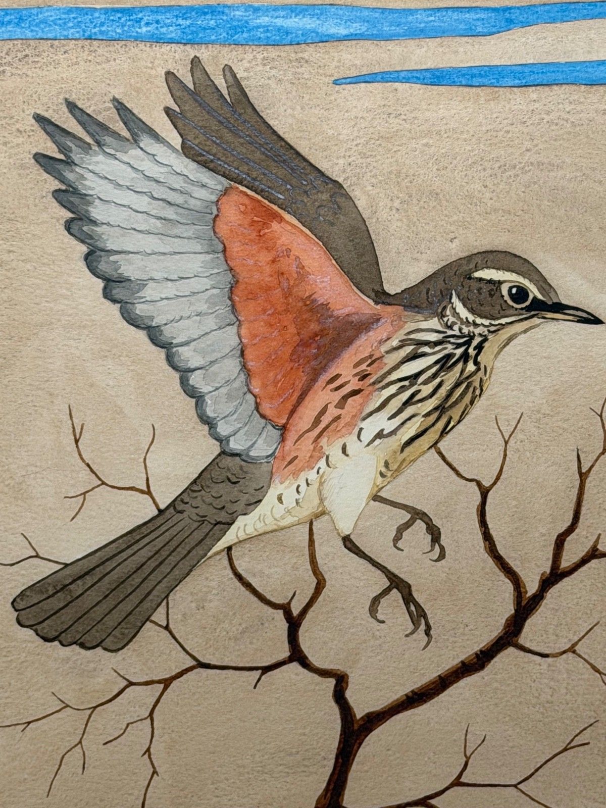 photo furniture Mid-Century schilderij Redwing vogel, gesigneerd door Ralston Gudgeon