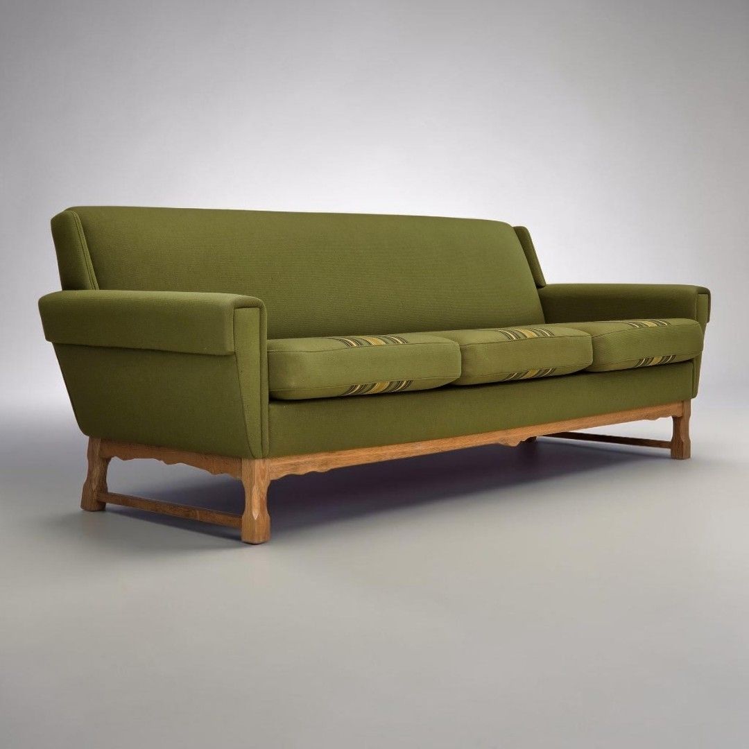 1970s, 3 Seater Danish Sofa, Green Furniture Wool, Oak Wood.