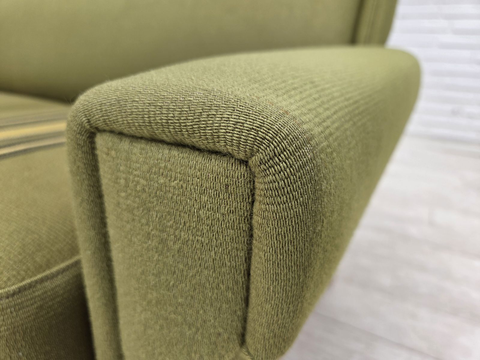 1970s, 3 Seater Danish Sofa, Green Furniture Wool, Oak Wood. photo Furniture