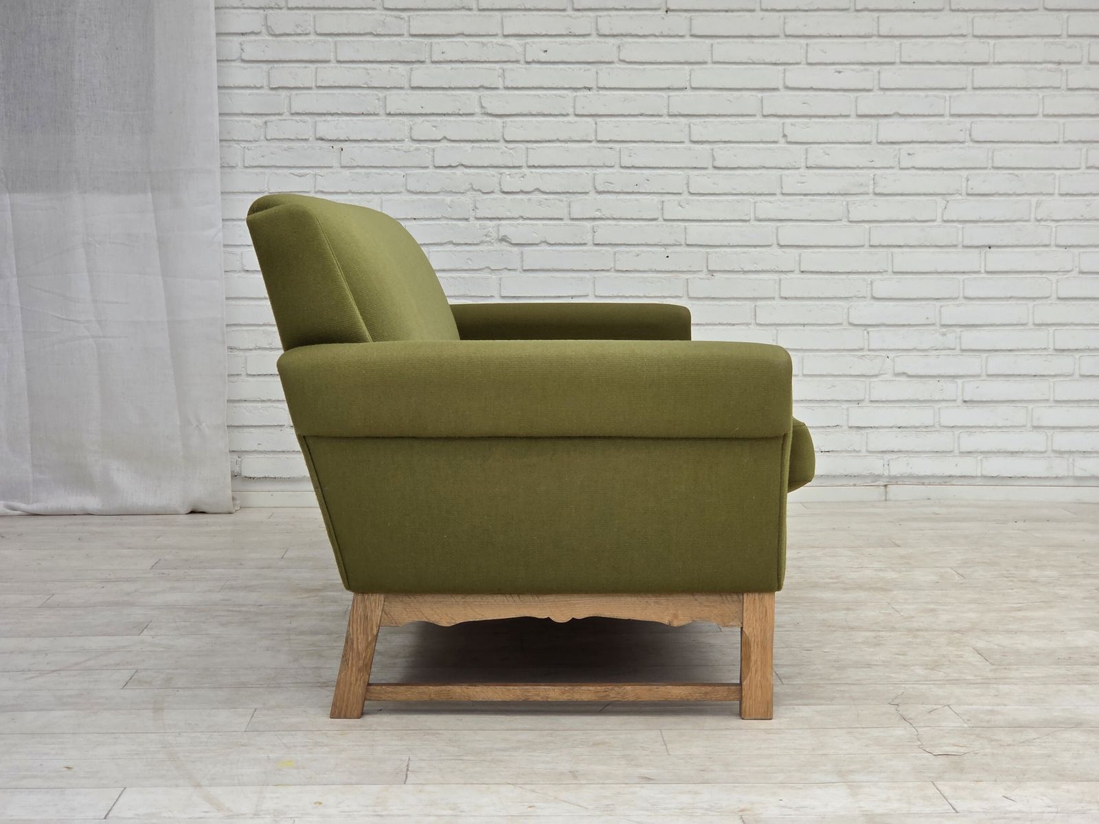 photo for sale 1970s, 3 Seater Danish Sofa, Green Furniture Wool, Oak Wood.