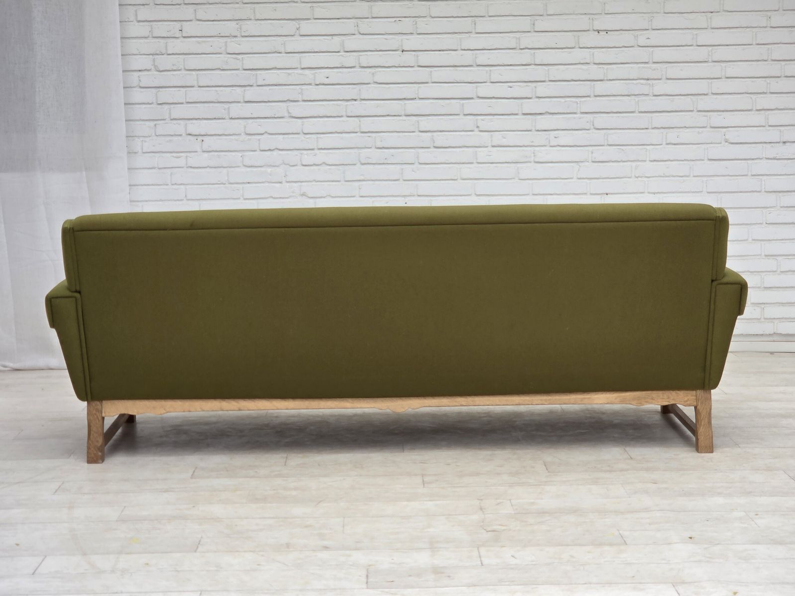 photo buy 1970s, 3 Seater Danish Sofa, Green Furniture Wool, Oak Wood.