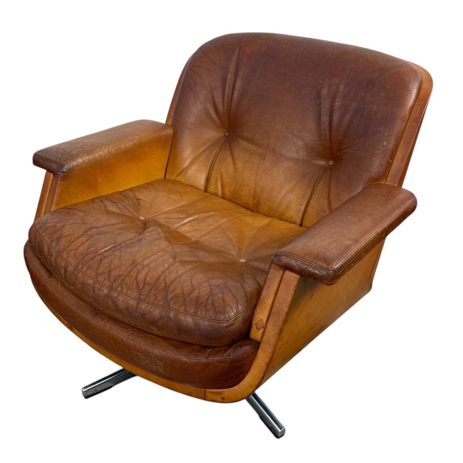 Paar Vintage Cognackleurige Leren Draaifauteuils van Eugen Schmidt photo for sale