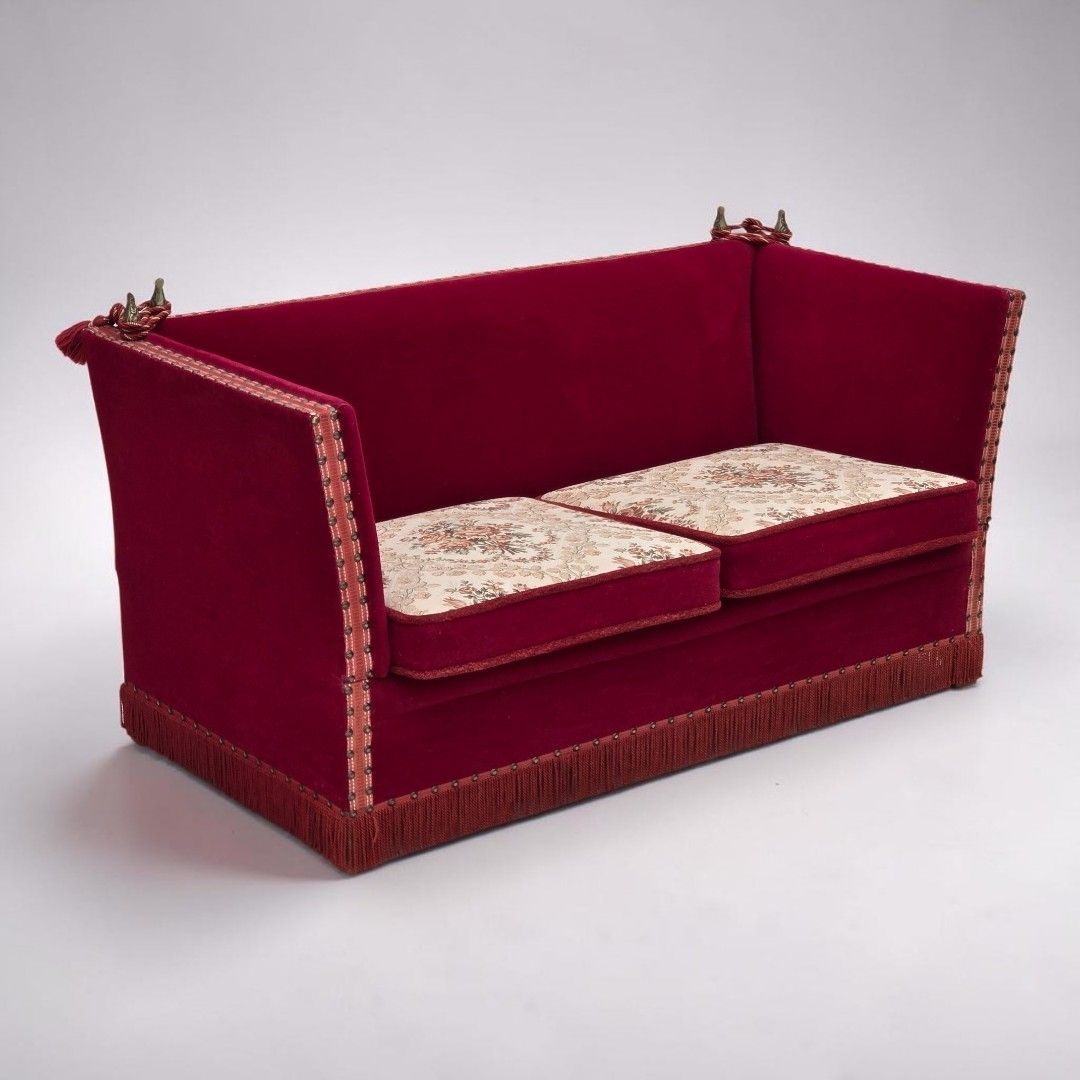 Deens 2-zits "Spanish" sofa met neervallende armleuningen, jaren 1970, rode meubelvelours.