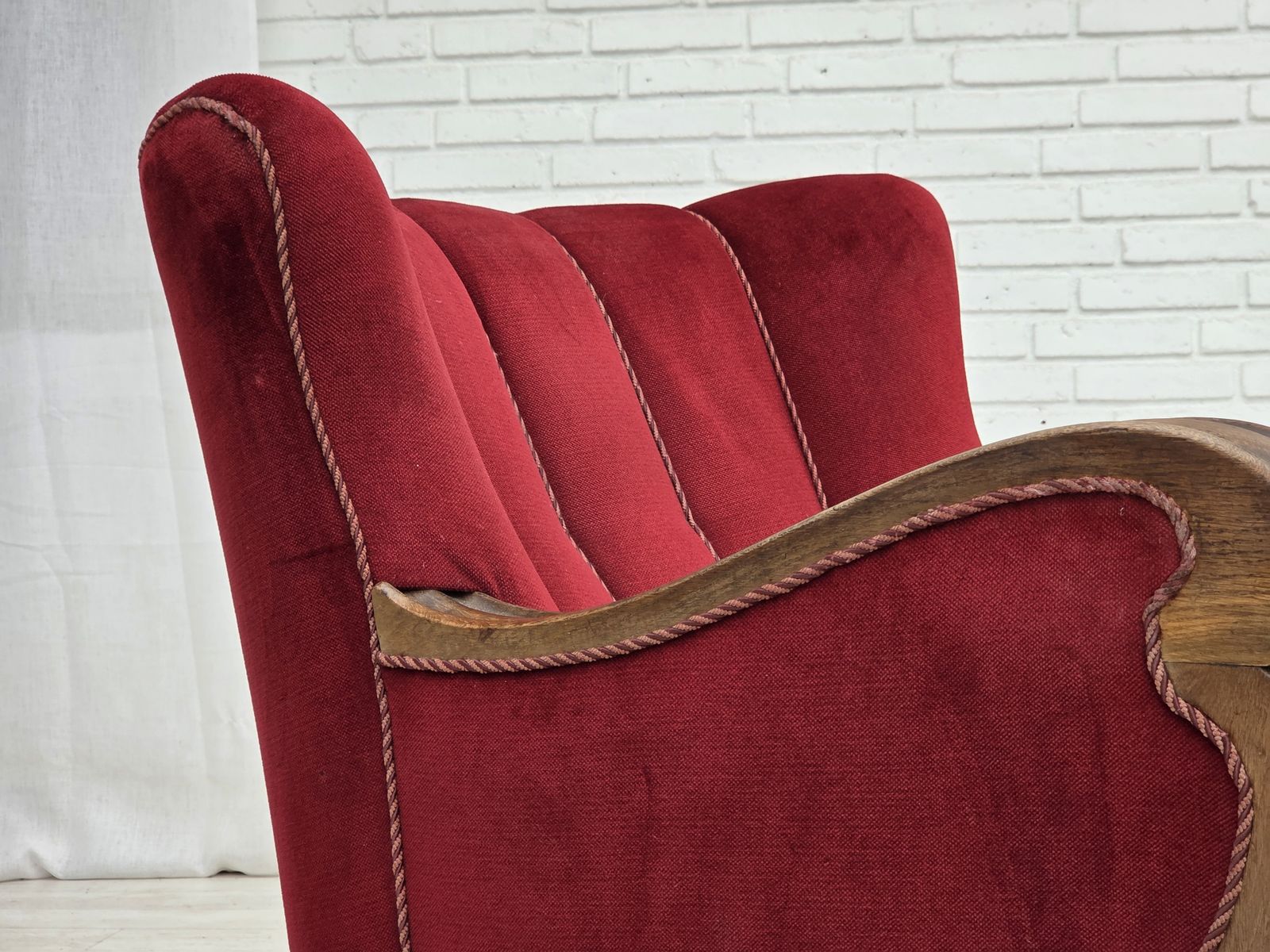 photo furniture 1950s, Danish Relax Armchair, Furniture Velour, Carved Oak Wood.