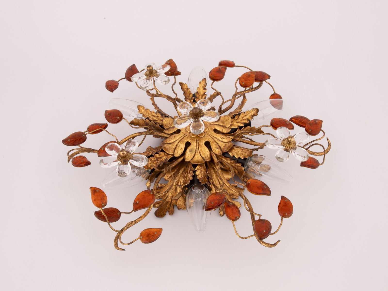Mid Century Italian Flush Mount By Banci Firenze | Vintage Toleware Ceiling Light Wall Sconce Gold Gilded Florentine Lamp Red Floral Orange photo 527.0