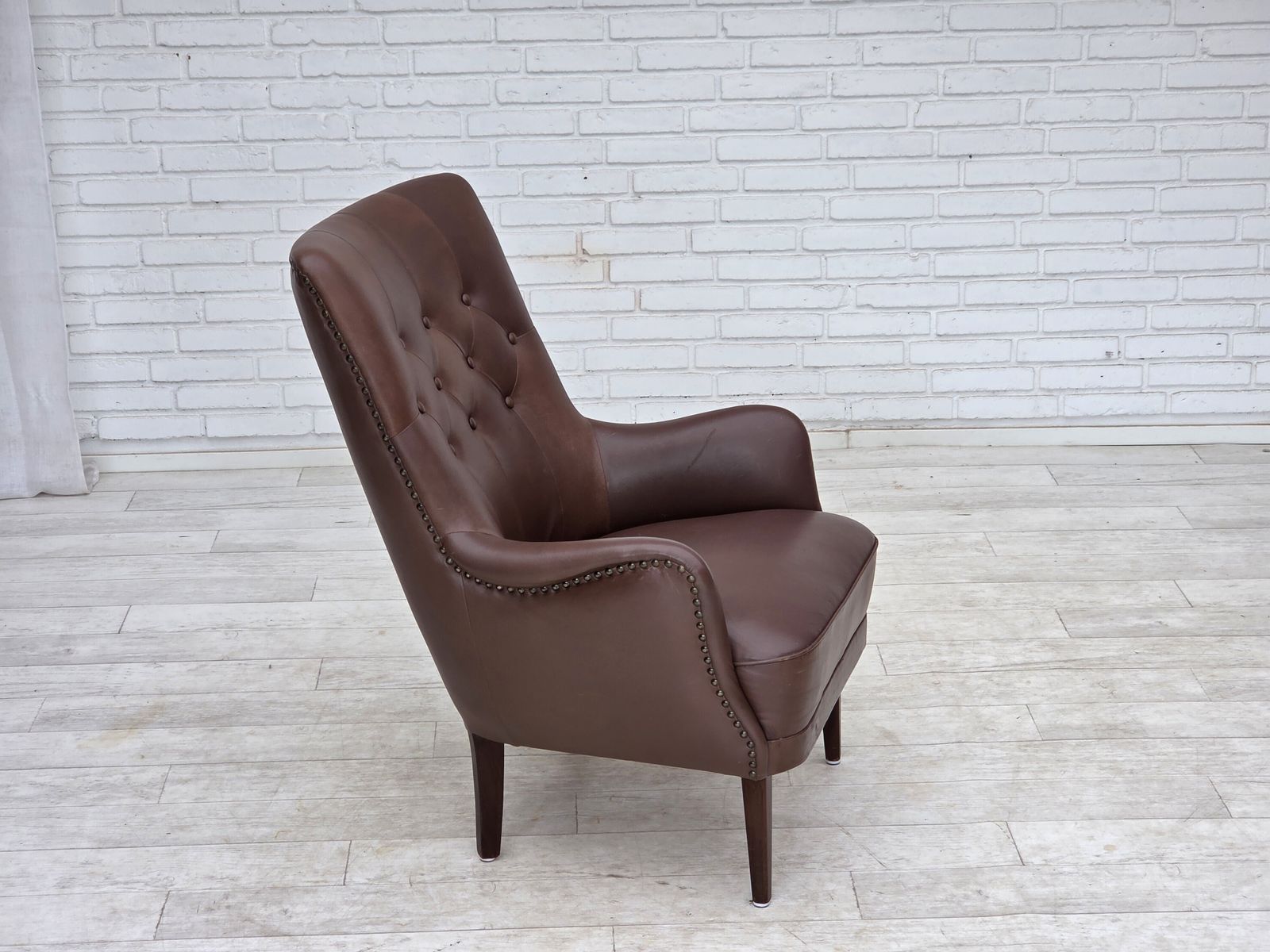 1970s, Danish Armchair, Original Brown Furniture Leather. photo furniture