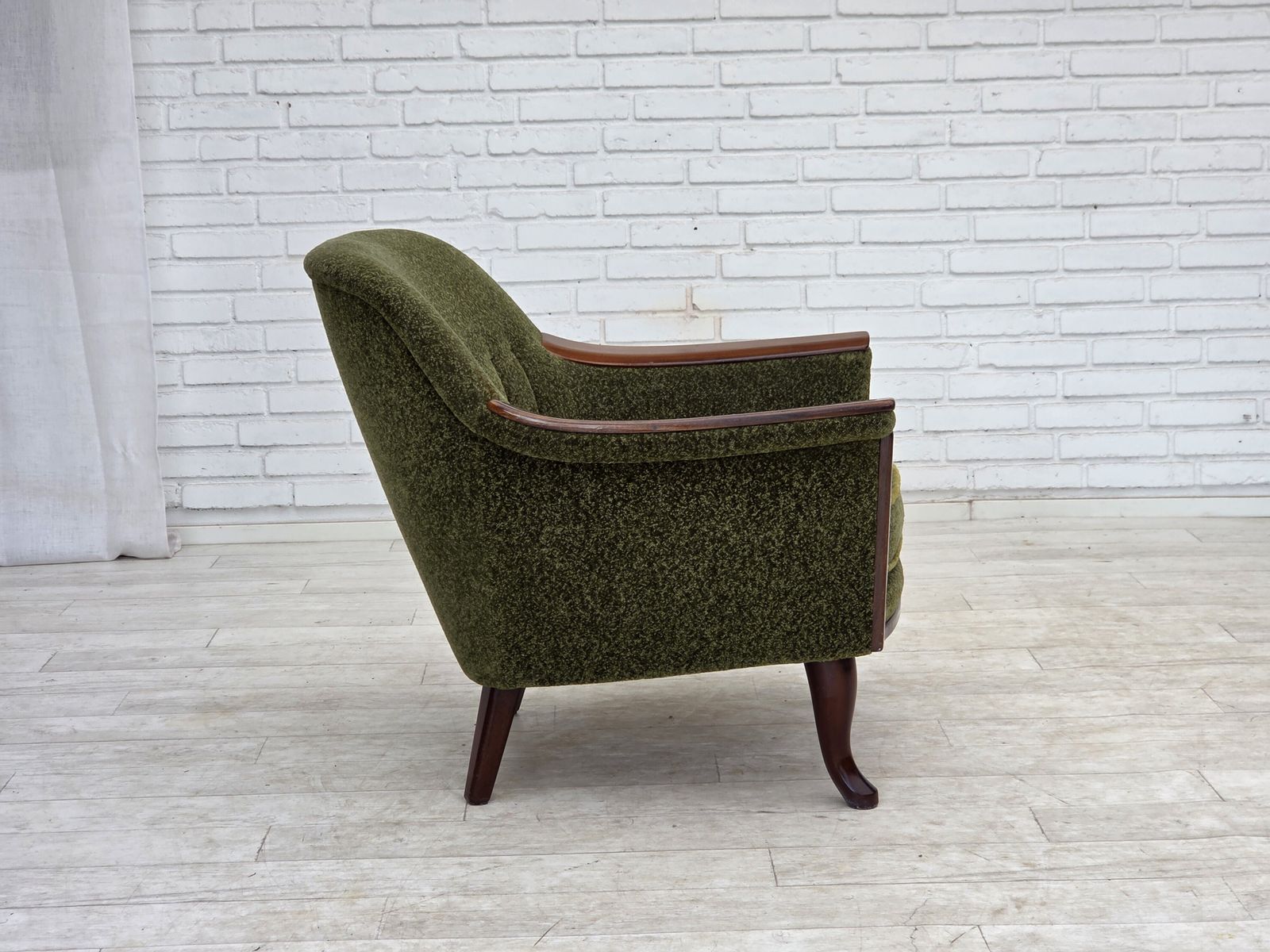 photo for sale 1970s, Norwegian Armchair, Green Furniture Fabric, Teak Wood,