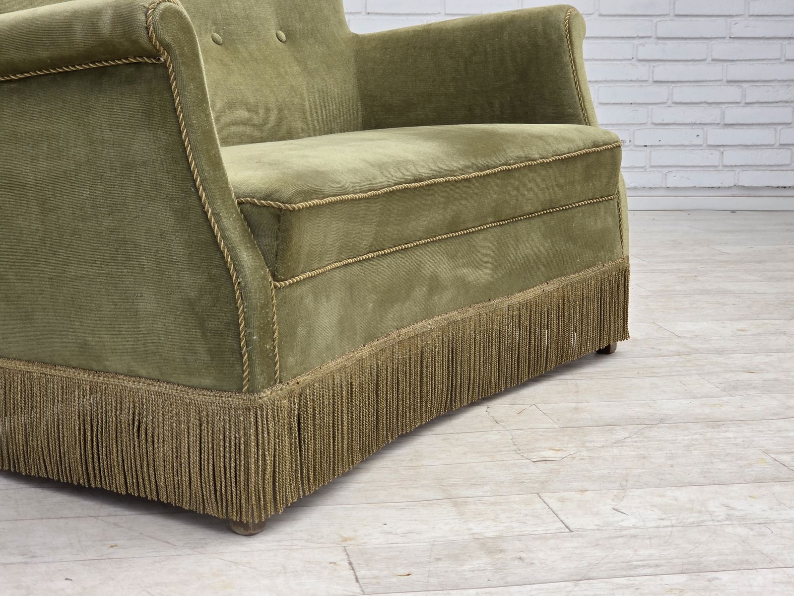 1970s, Danish 2 Seater Sofa, Light Green Furniture Velour. photo vinterior
