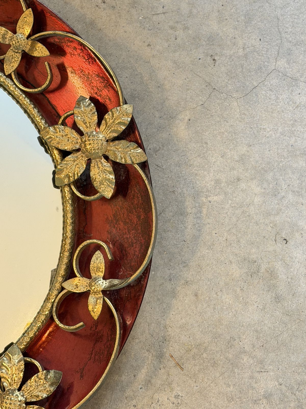 Italian Mid Century Gilt Metal And Ruby Red Enamelled Wall Mirror, C.1950s photo furniture