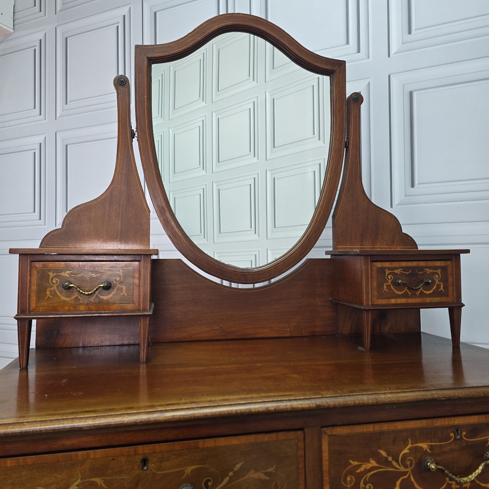 430.0 Antique Inlaid Dressing Table Wooden Mahogany Vanity Shield Mirror Edwardian photo