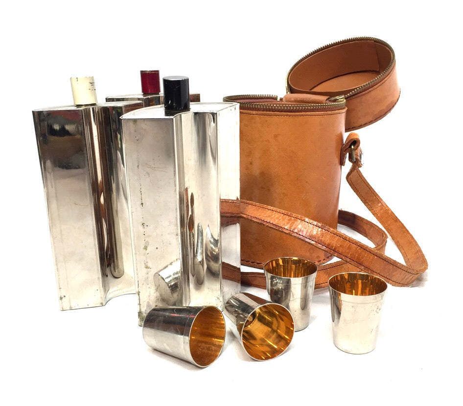Antique Deco Metal Bottle Hip Flask Set In Original Leather Travel Case C.1930 photo vintage
