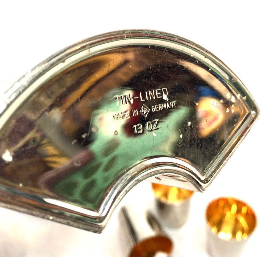 photo for sale Antique Deco Metal Bottle Hip Flask Set In Original Leather Travel Case C.1930