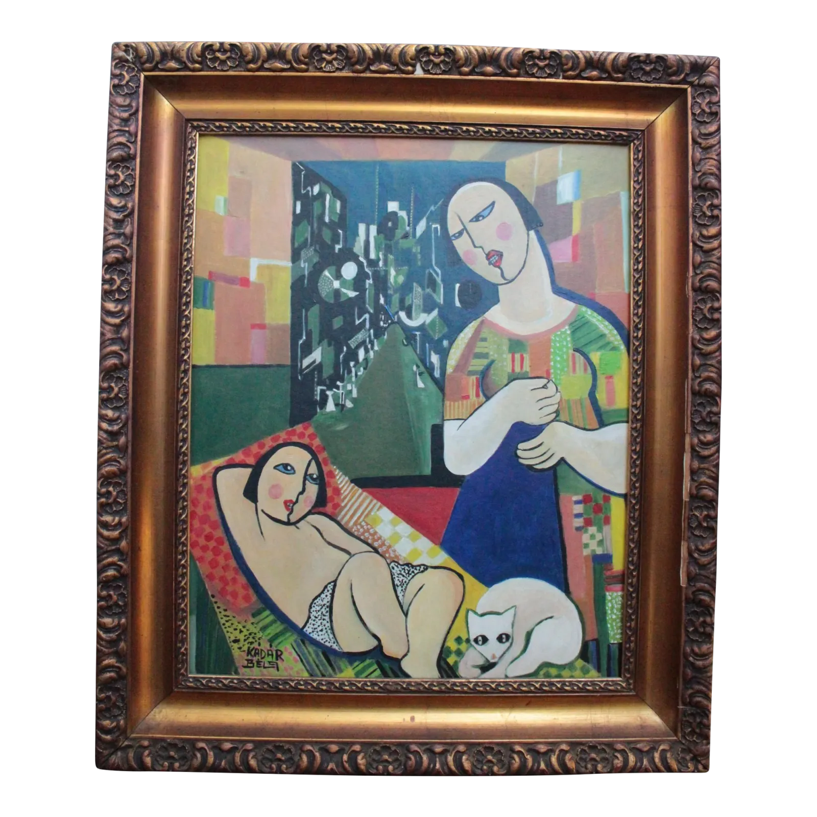 1960s Béla Kádár (toegeschreven aan) — Modernistische figuratieve compositie met liggende naakte figuur en kat