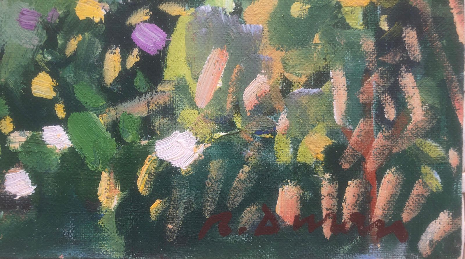 Rafael Duran Benet, Paysage méditerranéen coloré avec fleurs sauvages et oliviers, huile espagnole, vers 1990 photo furniture