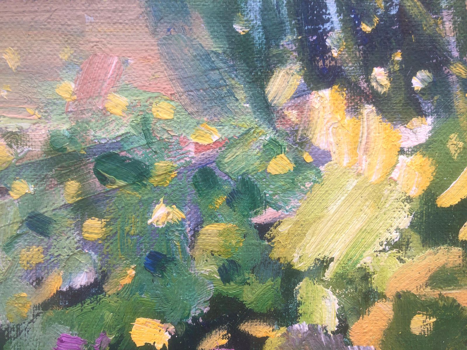 Rafael Duran Benet, Paysage méditerranéen coloré avec fleurs sauvages et oliviers, huile espagnole, vers 1990 photo for sale