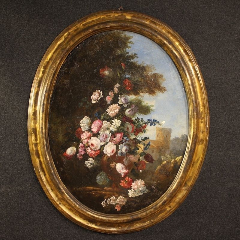 Antique Italian Oval Still Life Painting From The 18th Century photo furniture
