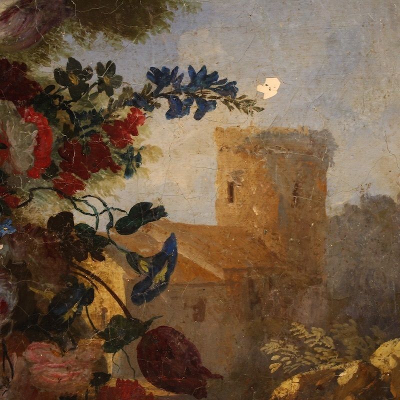 Tableau de nature morte ovale d'époque, Italie, XVIIIe siècle photo vinterior