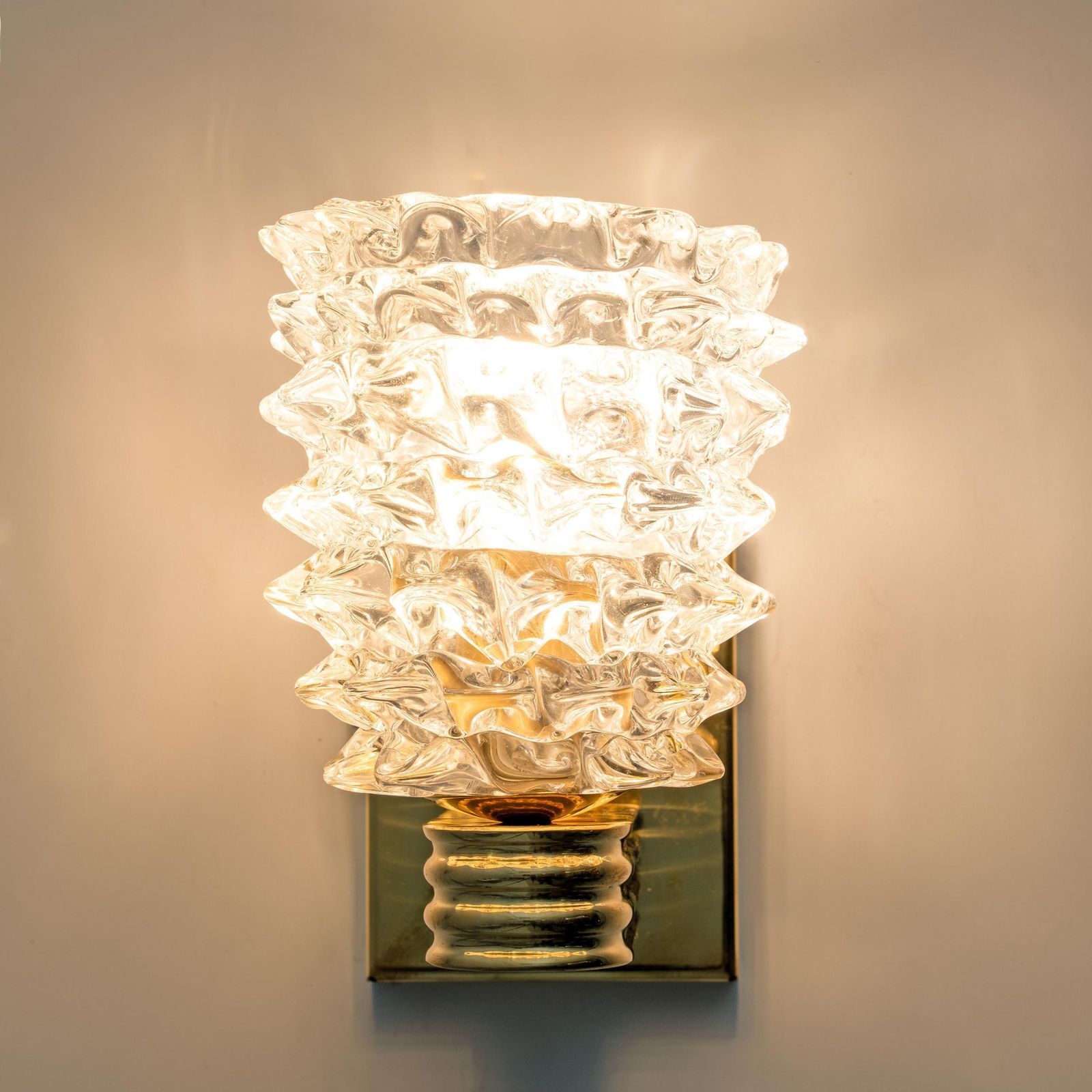 Barovier & Toso Art Deco stijl messing en Rostrato Murano glas wandlampen, paar photo Verlichting