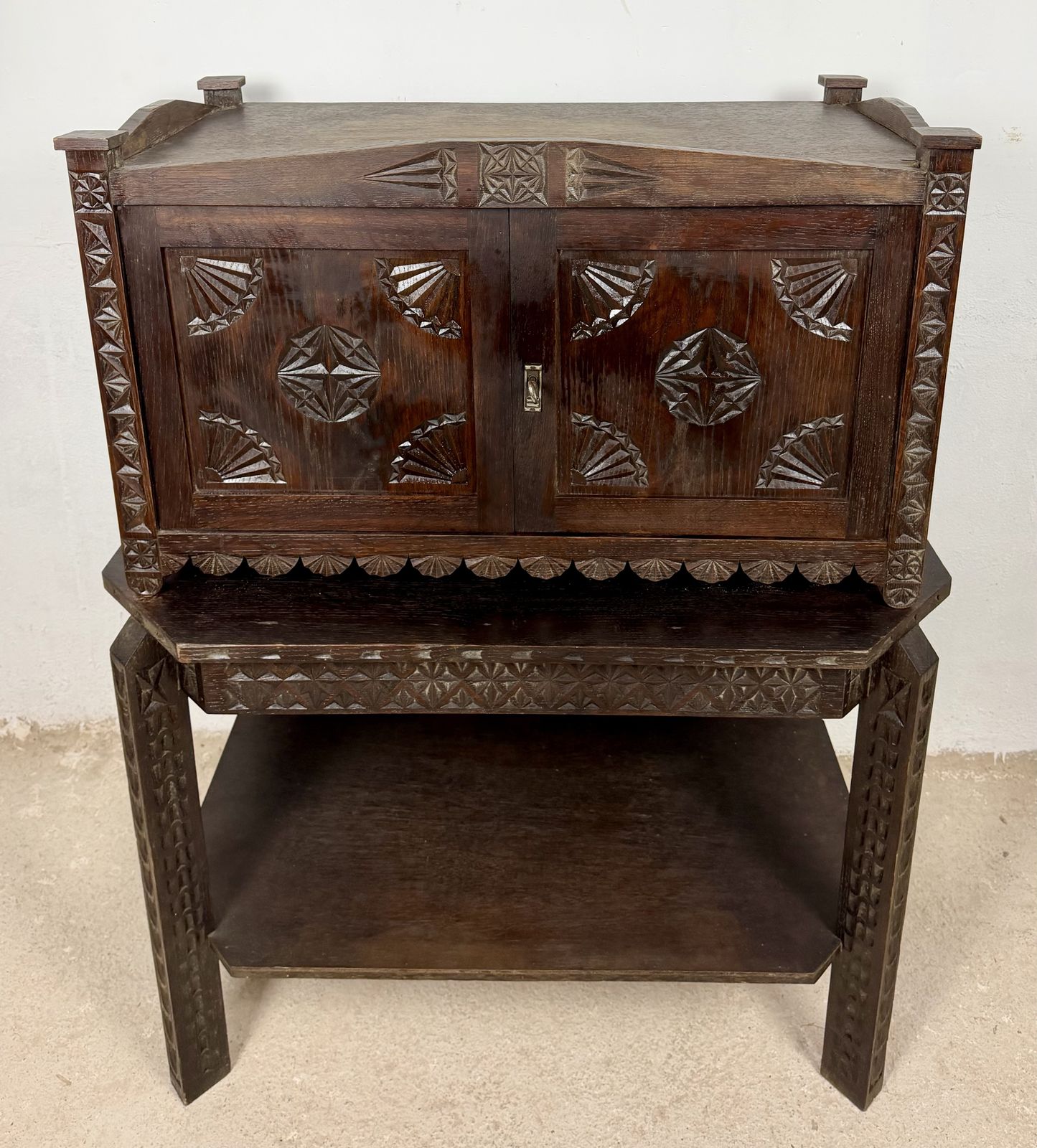 Spanish Carved Oak Bargueño On Stand, 20th Century photo for sale