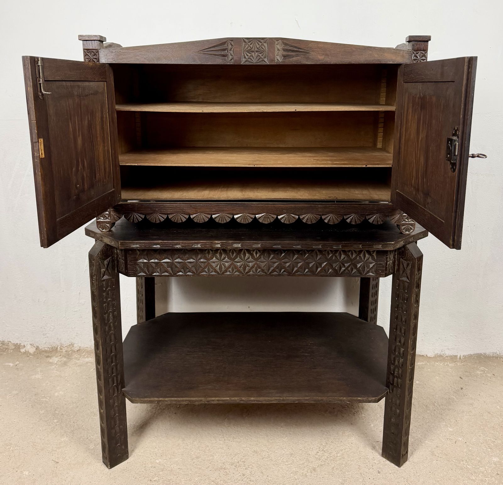 Spanish Carved Oak Bargueño On Stand, 20th Century photo vintage