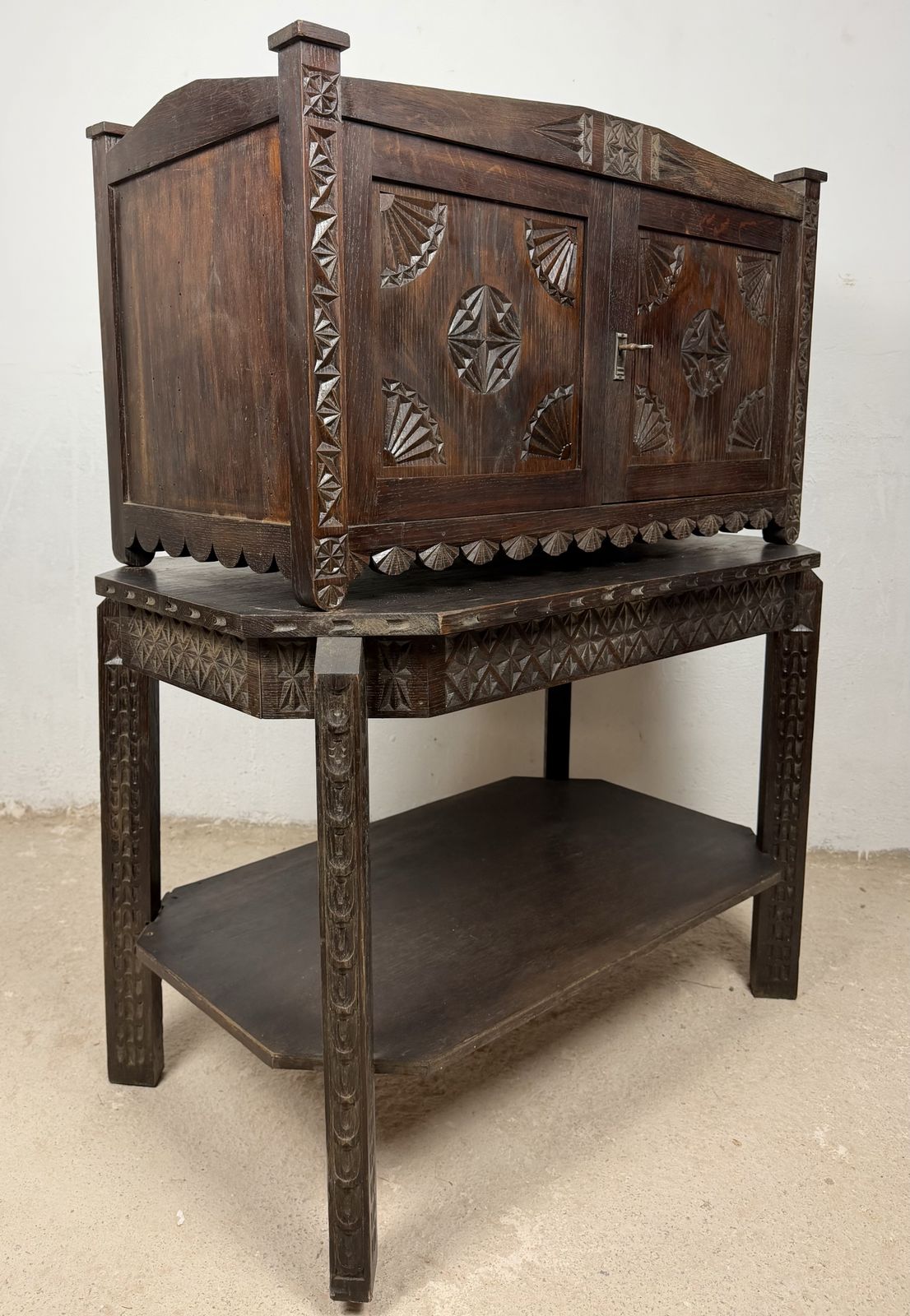 photo for sale Spanish Carved Oak Bargueño On Stand, 20th Century