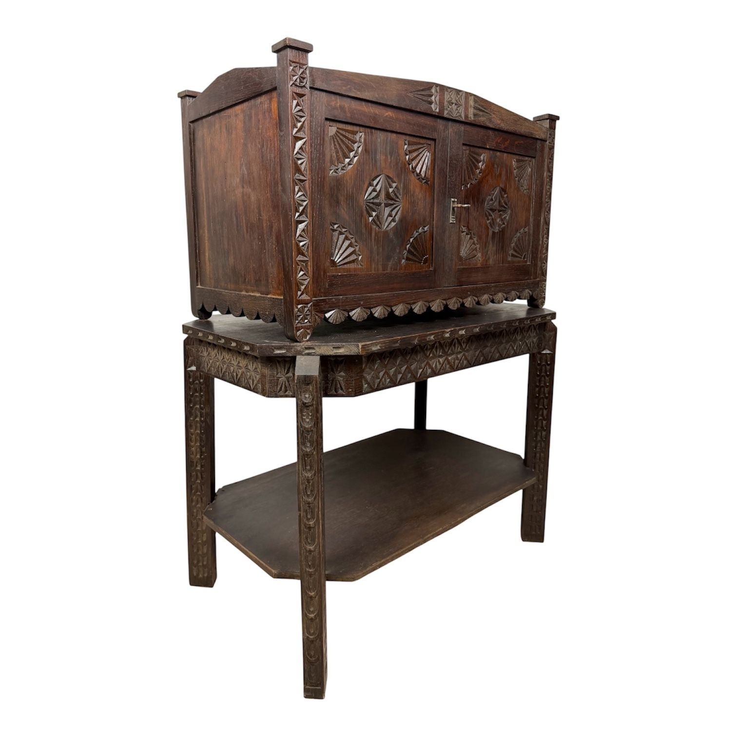 Spanish Carved Oak Bargueño On Stand, 20th Century