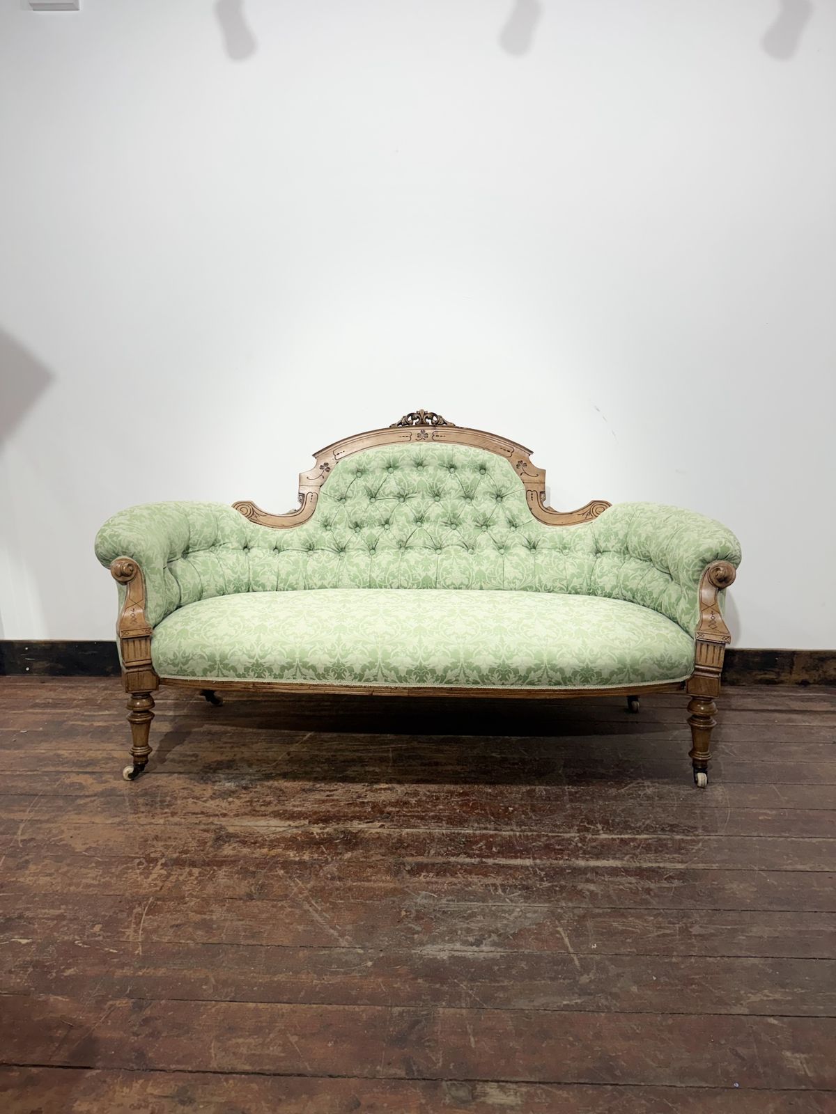 Victorian Style Carved Walnut Two Seater Sofa Sage Green Upholstery photo furniture
