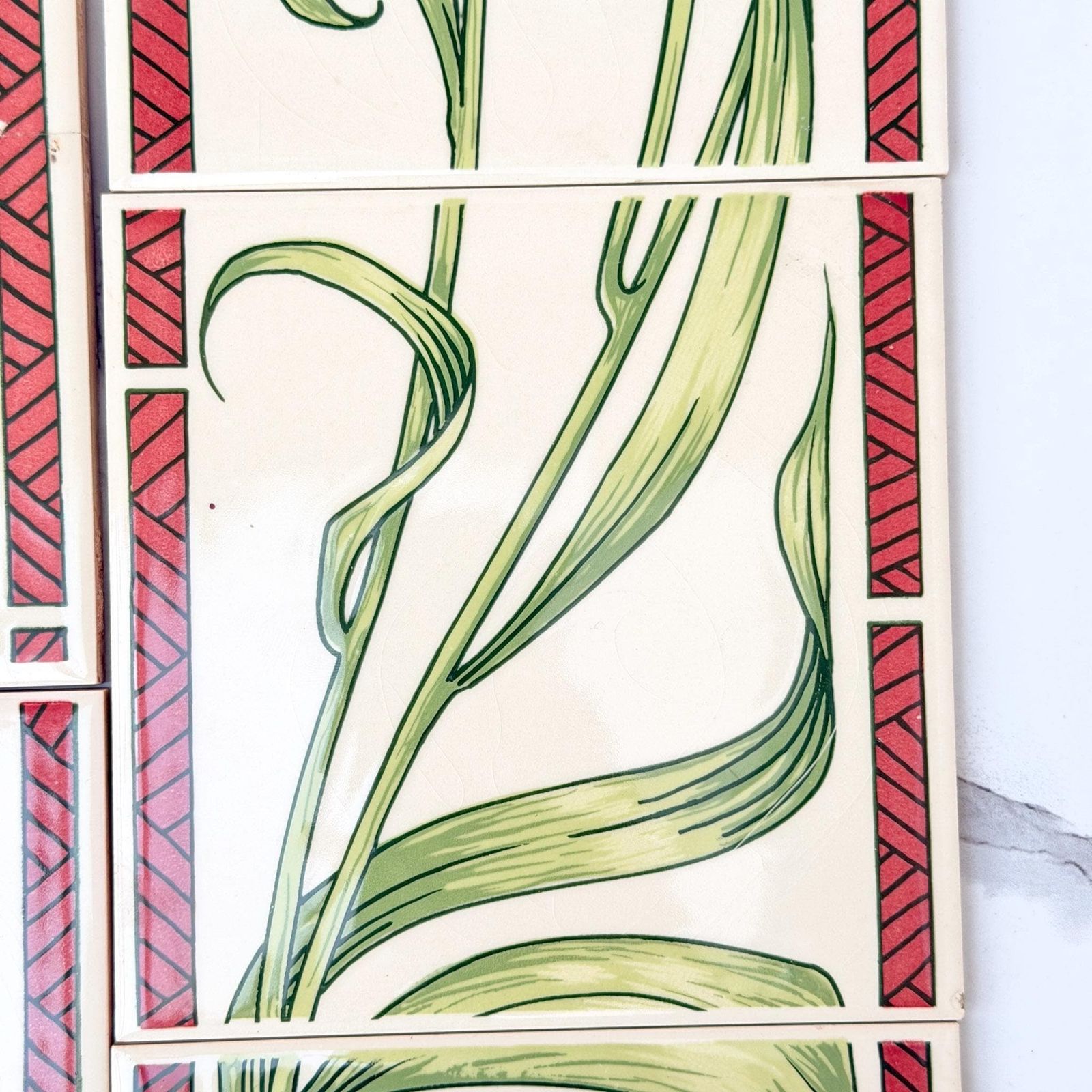 H&R Johnson Art Nouveau Floral Ceramic Tiles Set 6 Vintage photo vintage