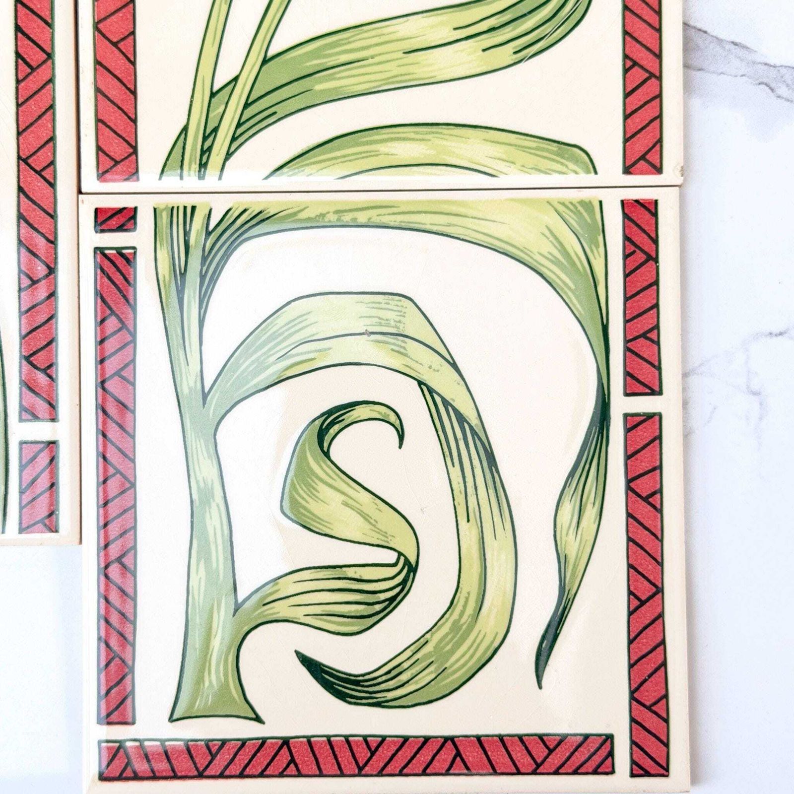 photo furniture H&R Johnson Art Nouveau Floral Ceramic Tiles Set 6 Vintage