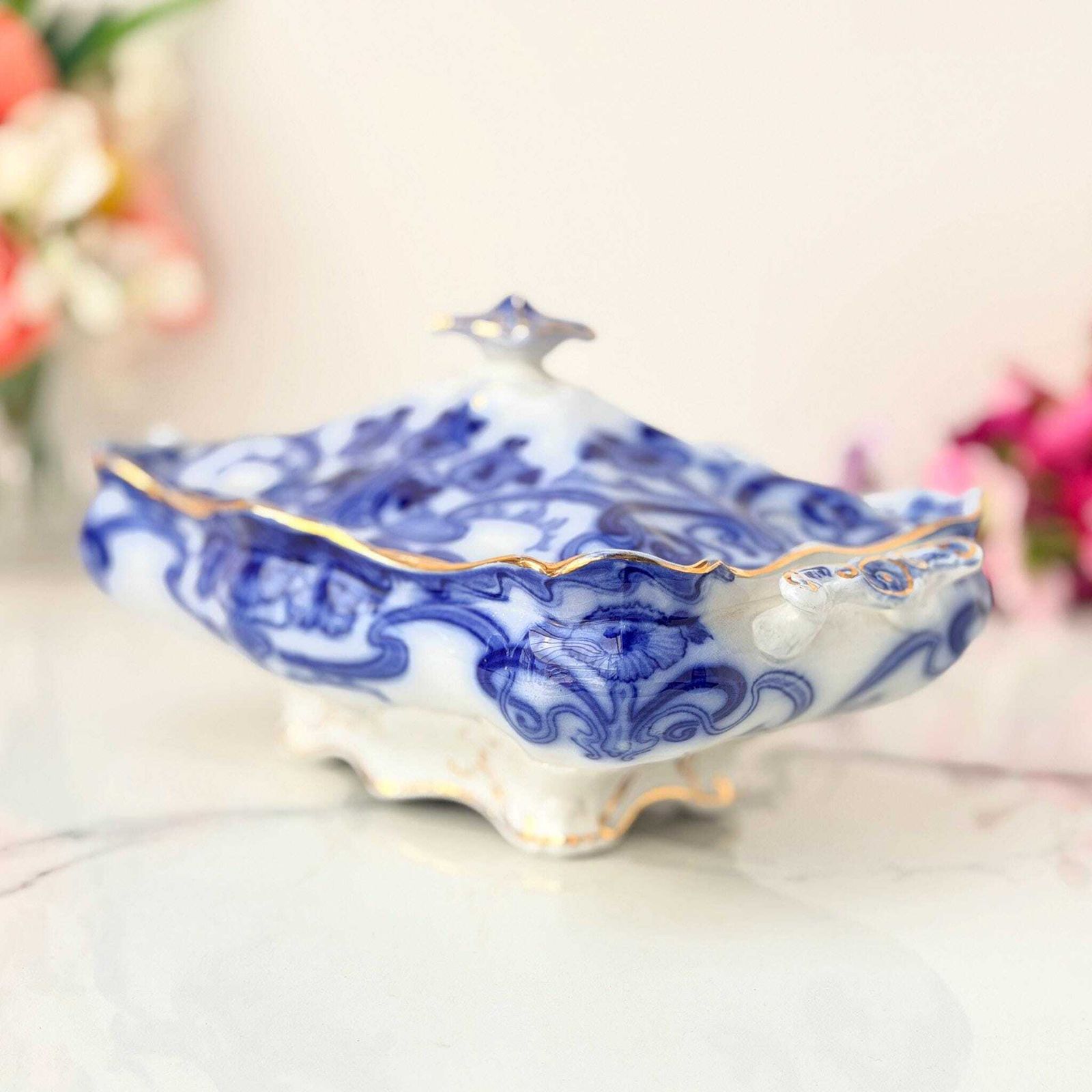 Antieke Burleigh blauw-wit terrine, Art Nouveau met vergulde details, 1903 photo 54.0