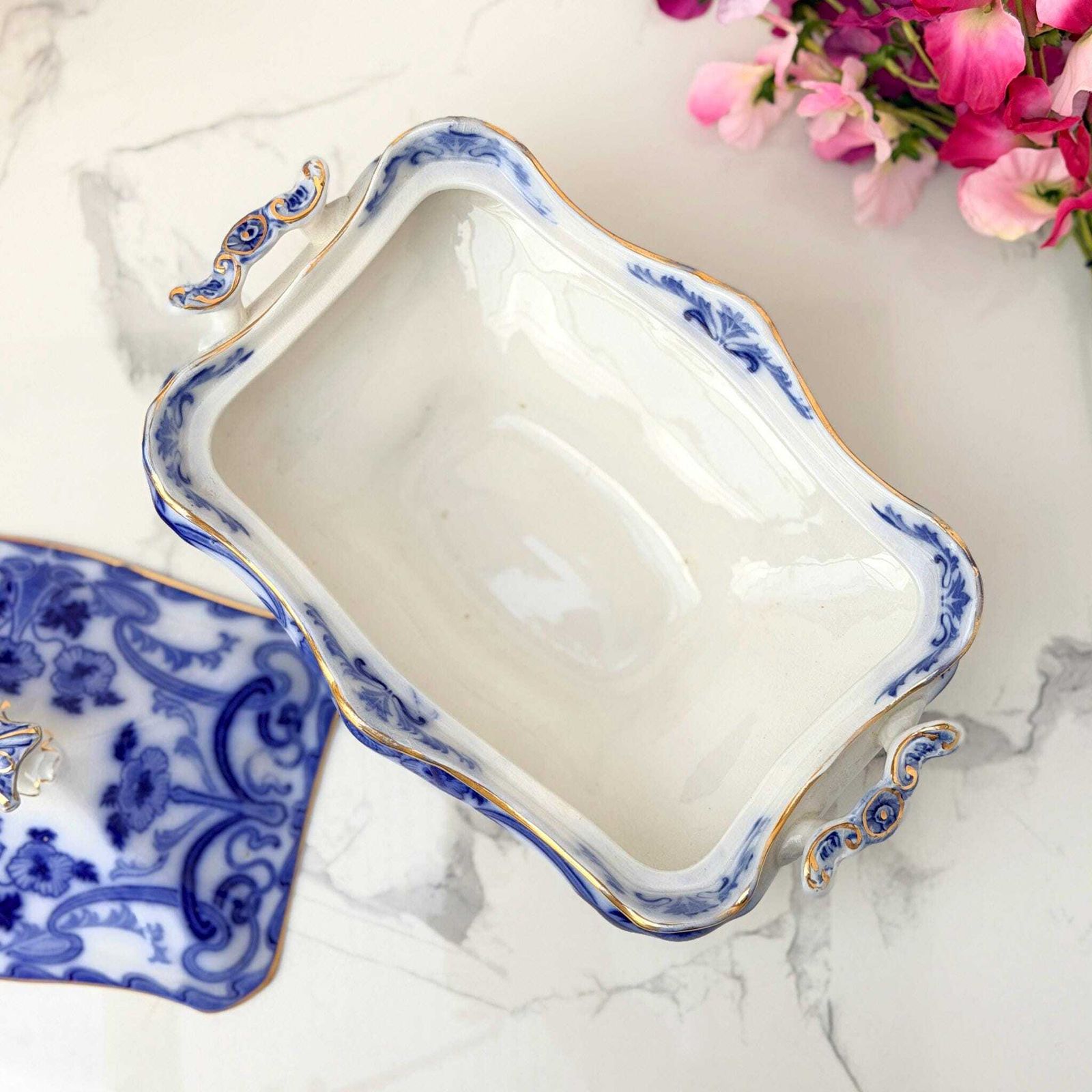 Antieke Burleigh blauw-wit terrine, Art Nouveau met vergulde details, 1903 photo buy