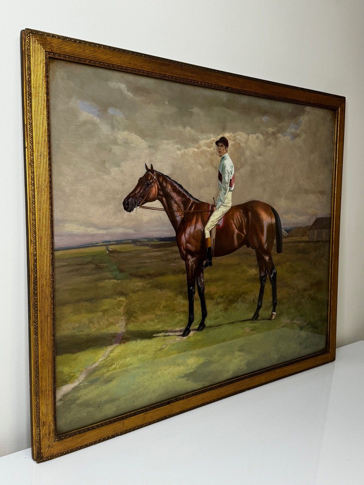 Groot ruitersschilderij 19e eeuw, olieverf, Derbywinnaar paard Melton en jockey Fred Archer, ca. 1885 photo for sale