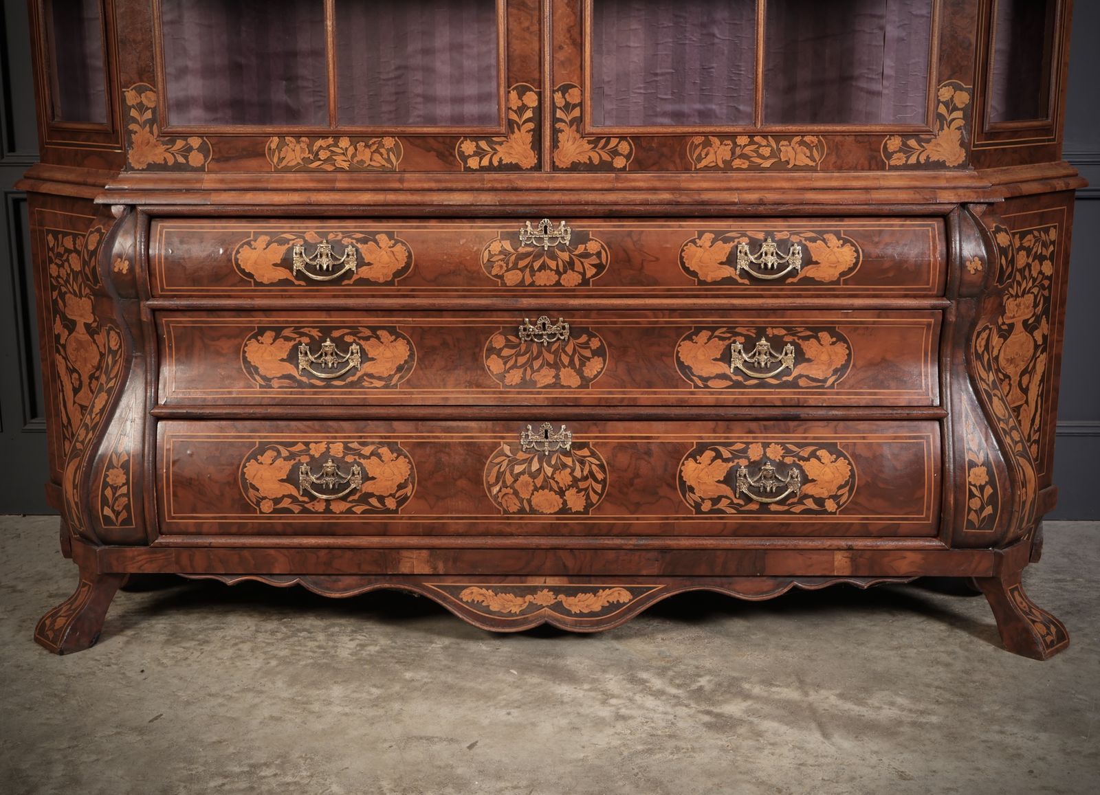 Large Marquetry Inlaid Walnut Bombe Shaped Cabinet photo 1950.0