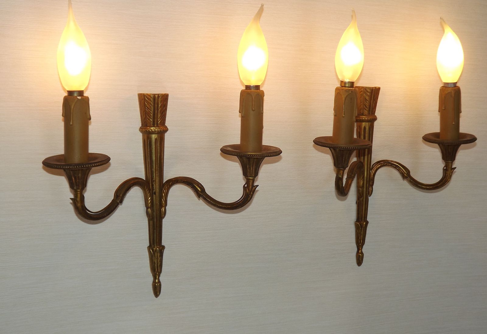 Pair Vintage French Gilt Bronze Double Empire Arrow Style Wall Lights photo vinterior