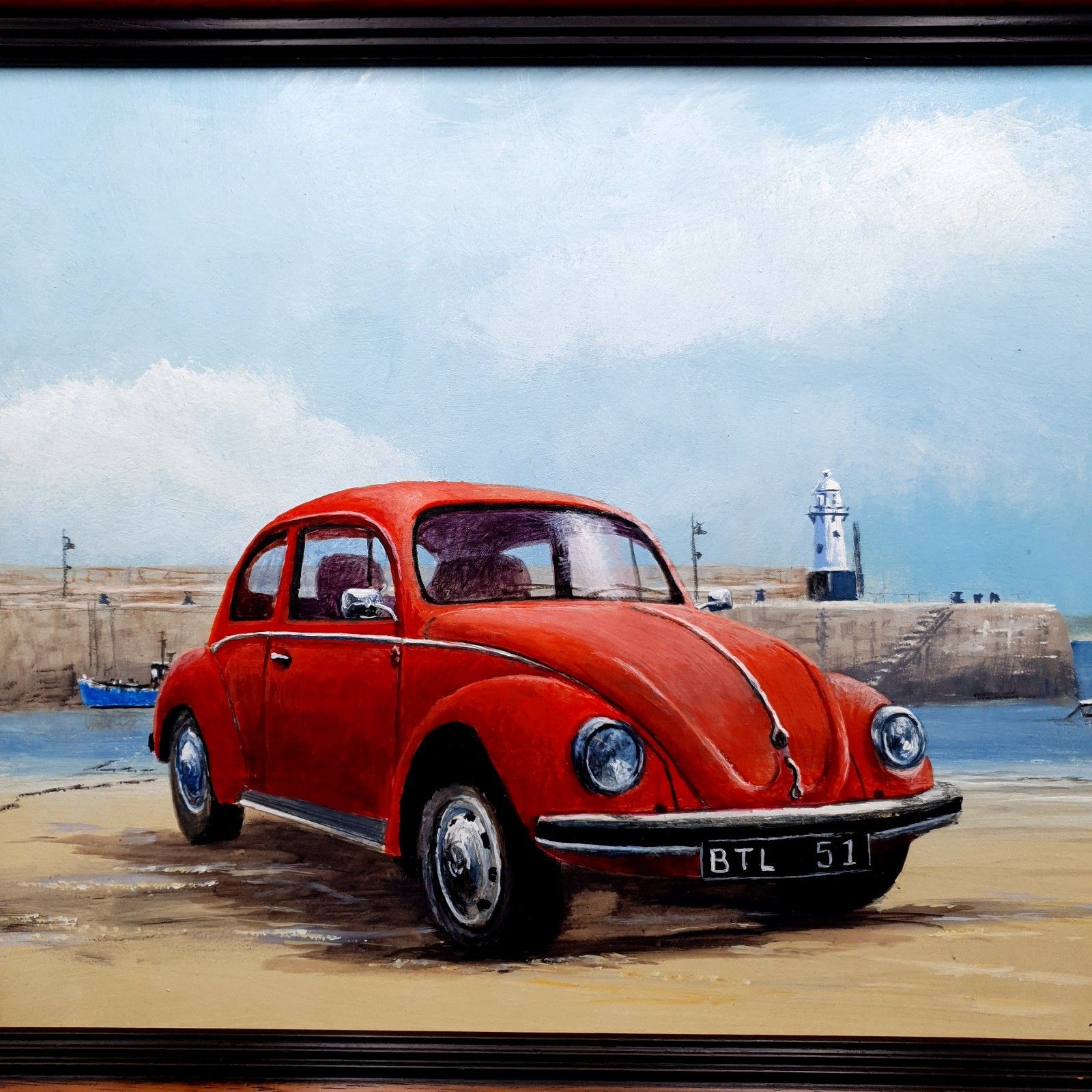 Gesigneerd Tj Oswald Olieverf op Paneel Volkswagen Beetle Auto Ingelijst L46,5 cm x 35,5 cm photo 180.0