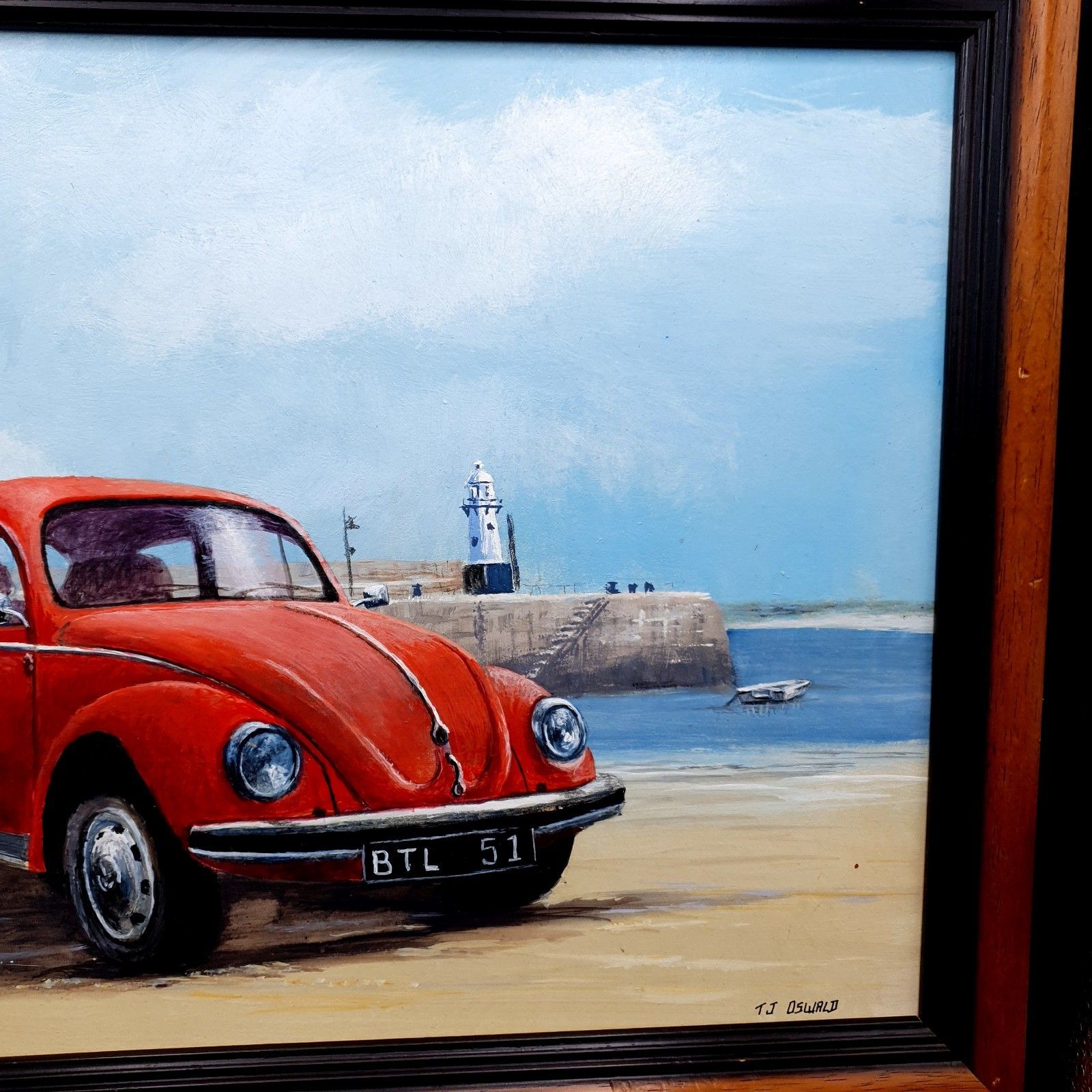 Gesigneerd Tj Oswald Olieverf op Paneel Volkswagen Beetle Auto Ingelijst L46,5 cm x 35,5 cm photo vinterior