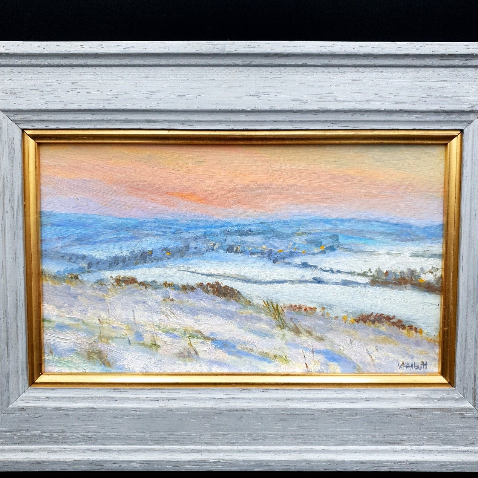 Virginia Albutt Gesigneerd Olieverf op Board Zonsondergang boven Magog Down L35,4xH24,8cm Ingelijst photo for sale