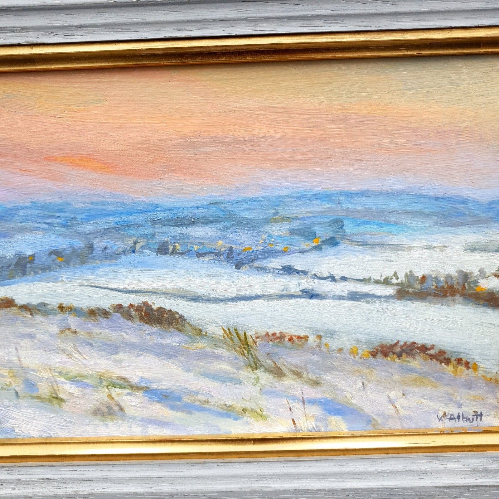 Virginia Albutt Gesigneerd Olieverf op Board Zonsondergang boven Magog Down L35,4xH24,8cm Ingelijst photo vinterior