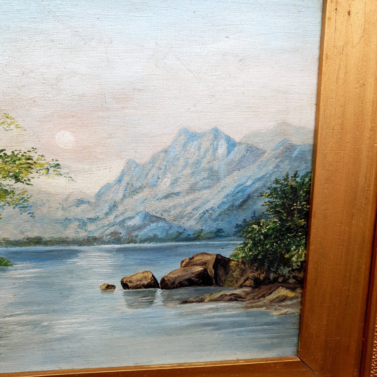 Victorian Oil On Canvas Mountain Lake Landscape Attributed W. B. Charles C.1880 photo vintage