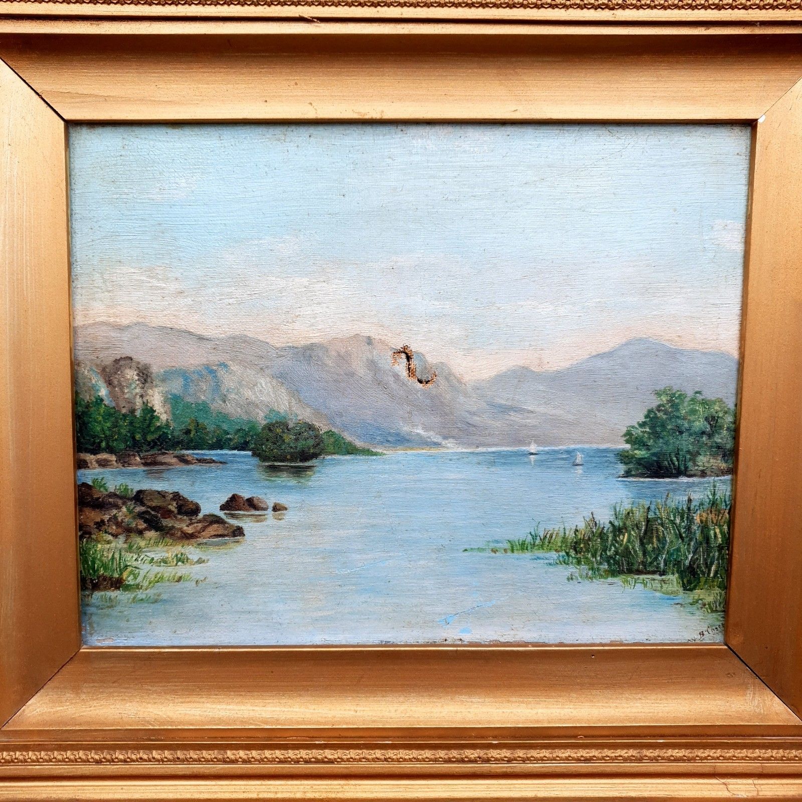 Restoration Victorian Oil On Canvas Mountain Lake Landscape W. B. Charles C.1880 photo furniture