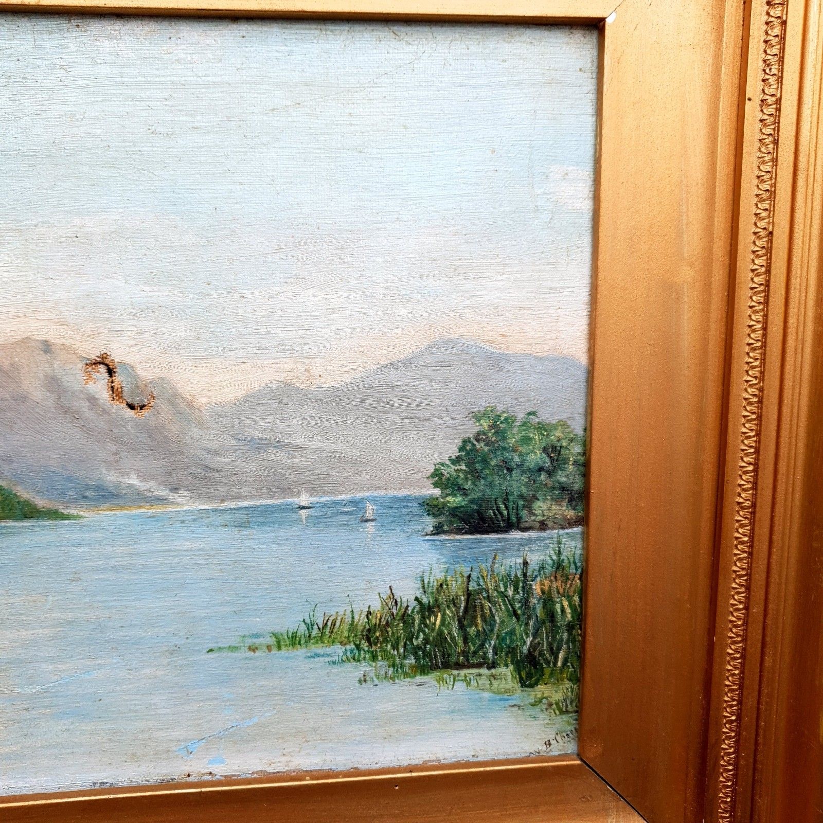 Restoration Victorian Oil On Canvas Mountain Lake Landscape W. B. Charles C.1880 photo 145.0