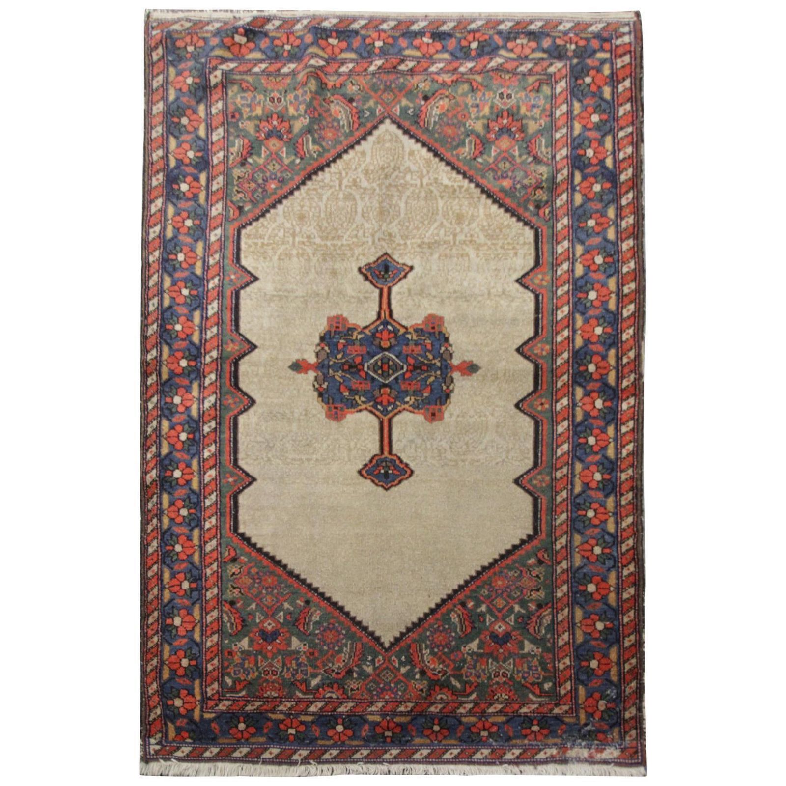Handmade Carpet Antique Caucasian Rug, Beige Wool Oriental Living Room Rug